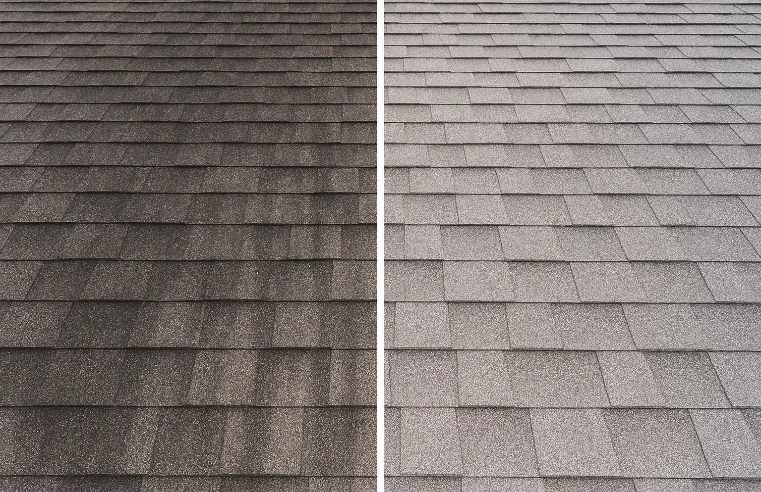 Before and after of light grey asphalt roof, dirty and clean.